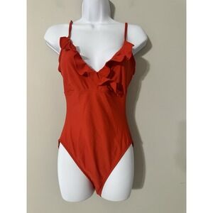 Vintage 80s 90s Oscar de la Renta Red Ruffle‎ One-Piece Swimsuit Size 12